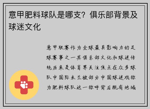 意甲肥料球队是哪支？俱乐部背景及球迷文化